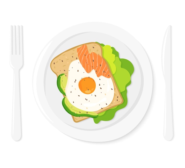 Healthy breakfast Delicious sandwich with avocado salmon fried egg and lettuce on a white plate Dish and cutlery Vector flat style illustration