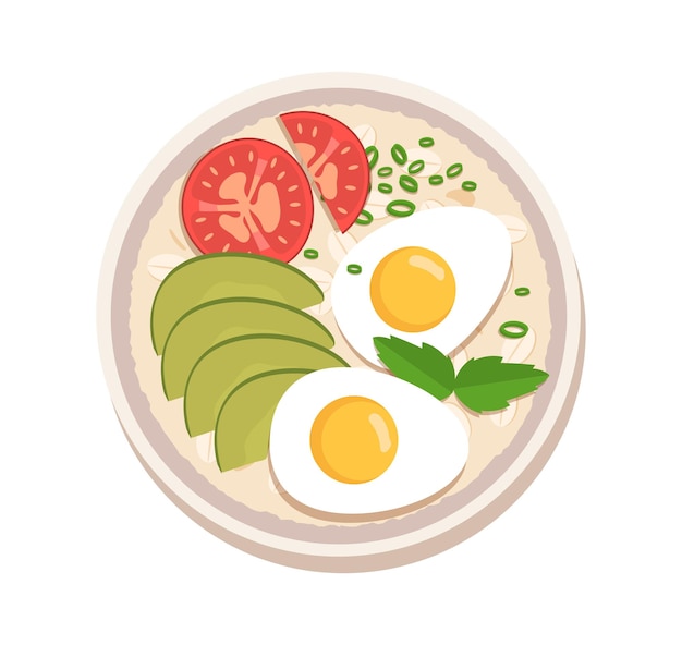 Healthy breakfast eggs with vegetables Natural food with vitamins top view Sticker for social networks and messengers Cartoon flat vector illustration isolated on white background