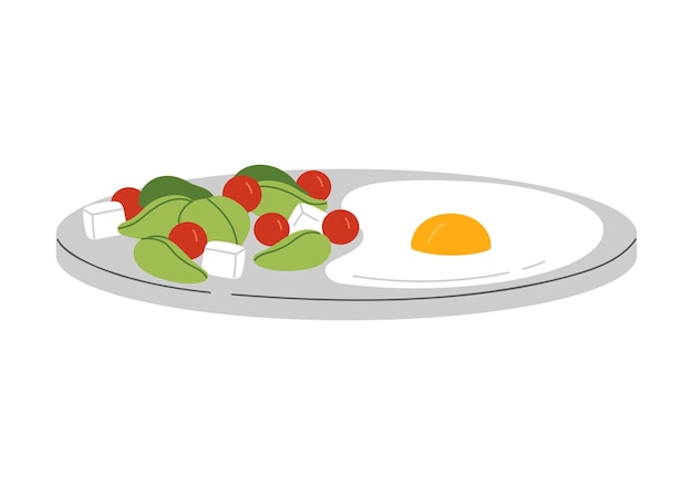 Vettore una colazione sana sul piatto, vista laterale di uova fritte e insalata