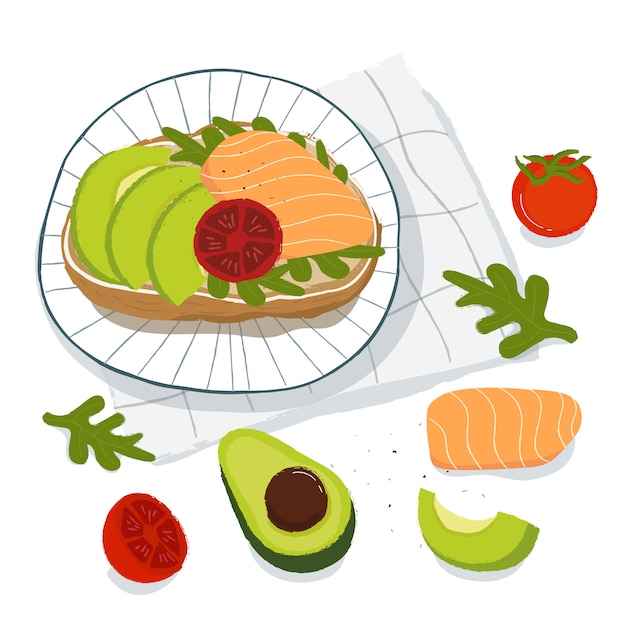 Healthy breakfast, toast with avocado, salmon and tomato, top view. Vegetarian food concept