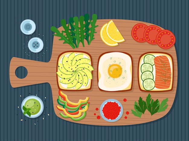 Healthy breakfast, toasts with greens, egg, avocado, salmon, caviar, vegetables, vector illustration