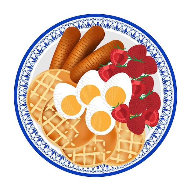 Healthy breakfast with egg, waffle, sausage and strawberry