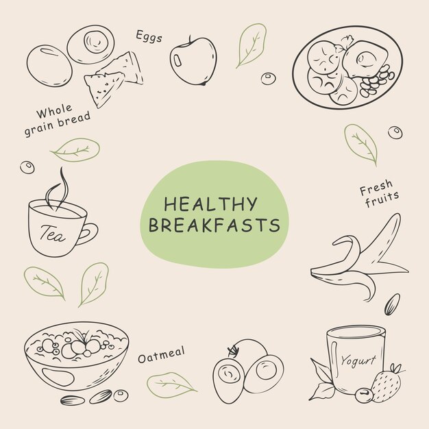 Healthy breakfasts in hand drawn style in vector