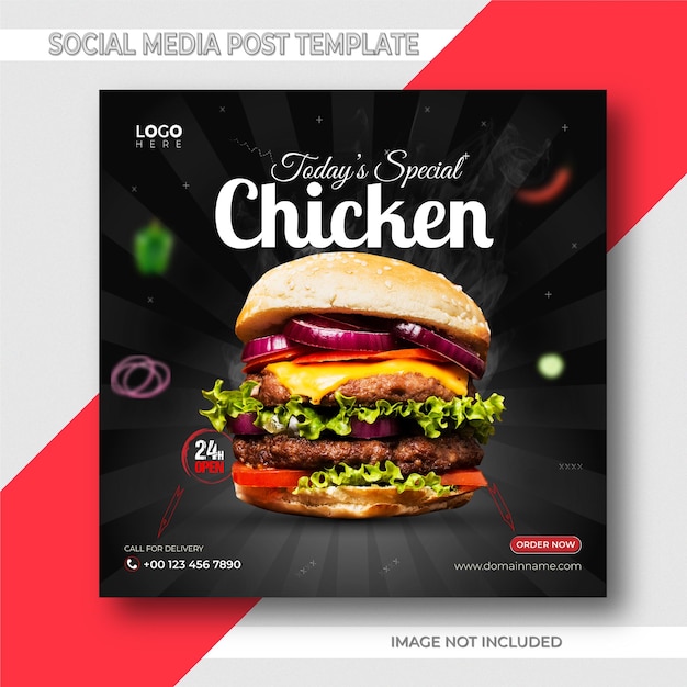 건강한 버거 메뉴 패스트 푸드 또는 레스토랑 프로모션 음식 소셜 미디어 포스트 디자인