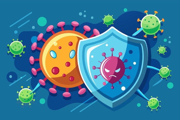 Vector a healthy cell surrounded by a shield protects itself from a menacing virus particle