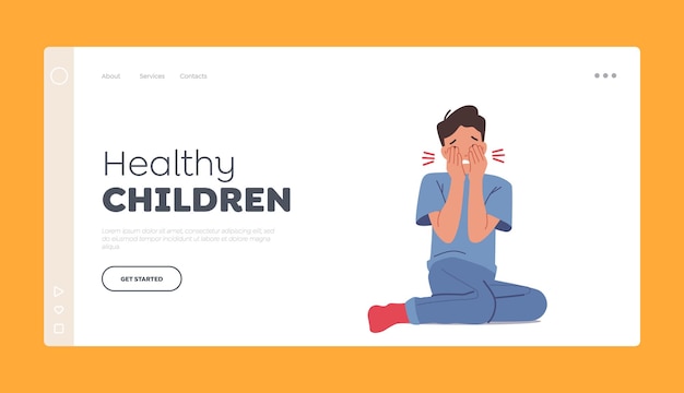 Vector healthy children landing page template sick boy sitting on floor cover eyes with hands kid suffering of ache or pain child character disease children healthcare cartoon people vector illustration