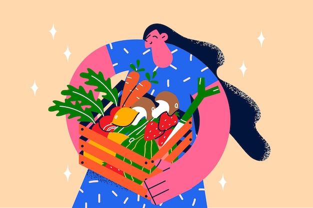 Healthy clean eating and fresh diet concept. Young smiling female standing holding basket of fresh produce veggies greens carrot strawberry potato for healthy eating vector illustration