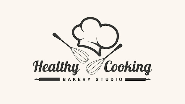 Vector healthy cooking-logo met koksmuts en garde. vector illustratie logo voor restaurant.