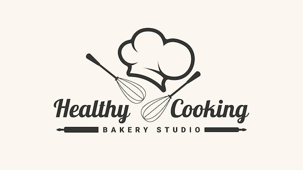 Логотип Healthy Cooking с шляпой шеф-повара и венчиком. Логотип векторной иллюстрации для ресторана.