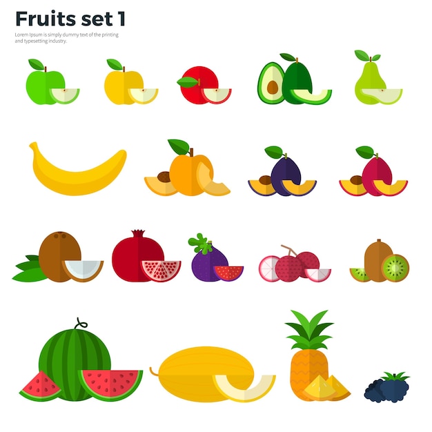 Vector healthy eating concept icons of tropical fruit and slices coconut melon papaya plum