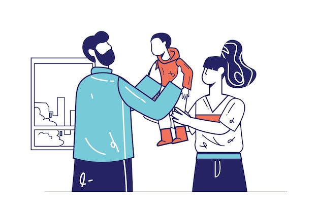 Webバナーのフラットラインデザインの健康な家族の概念。父と母は幼い息子を抱きしめて抱きしめ、良い関係の現代人のシーン。アウトライングラフィックスタイルのベクトル図