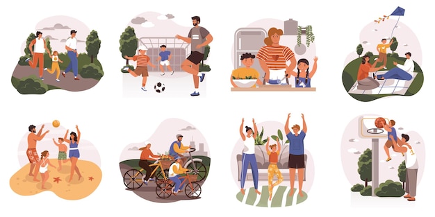 Healthy families web concept in flat design parents and children pastime together running playing ba...