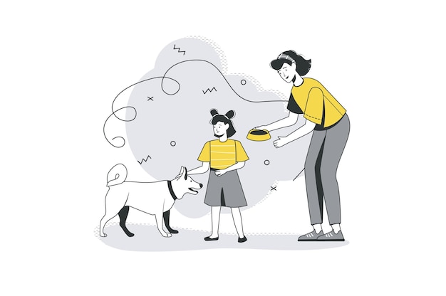 Vettore concetto di linea piatta per una famiglia sana mamma e figlia danno da mangiare al cane e si prendono cura dell'animale domestico genitore bambino e fare