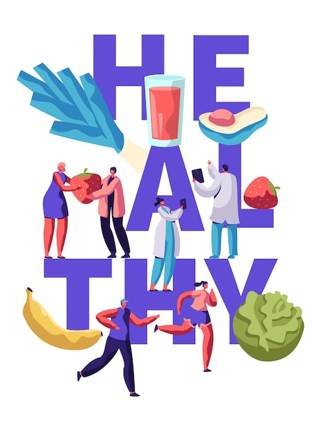 건강 피트니스 음식 타이포그래피 배너 디자인. 다이어트 영양 건강 개념에 대한 유기농 식사. 채식 라이프 스타일 동기 부여 포스터 플랫 만화 벡터 일러스트 레이션을위한 야채와 과일 메뉴