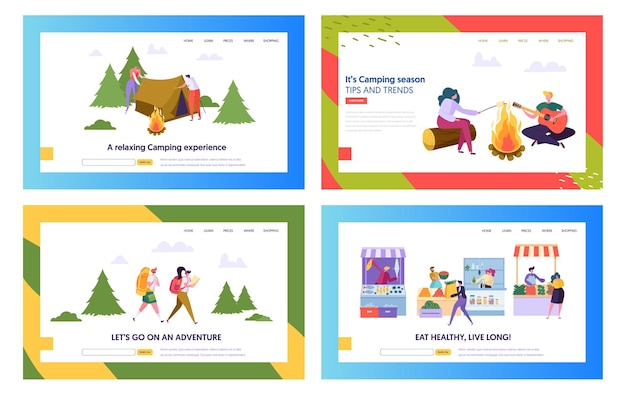 ベクトル 健康食品とキャンプの人々のウェブサイトのランディングページテンプレートセット。
