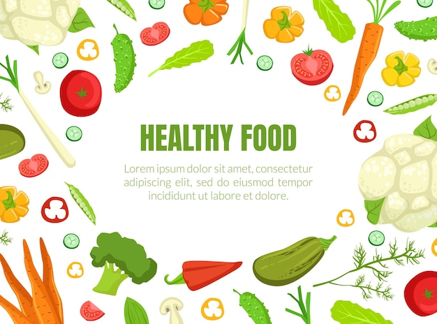 Healthy Food Banner Template with Organic Vegetables Seamless Pattern and Space for Text Vector Illustration