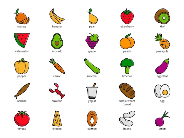 Healthy food color line icons set Fruits and vegetables