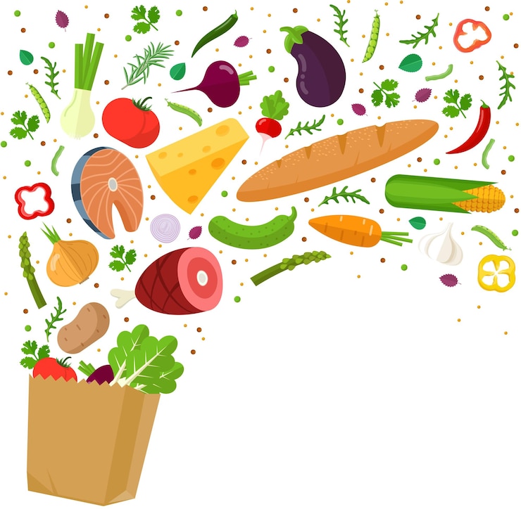 वेक्टर healthy food falling down into grocery paper bag
