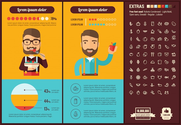 Insieme di icone e modello infographic design piatto di cibo sano