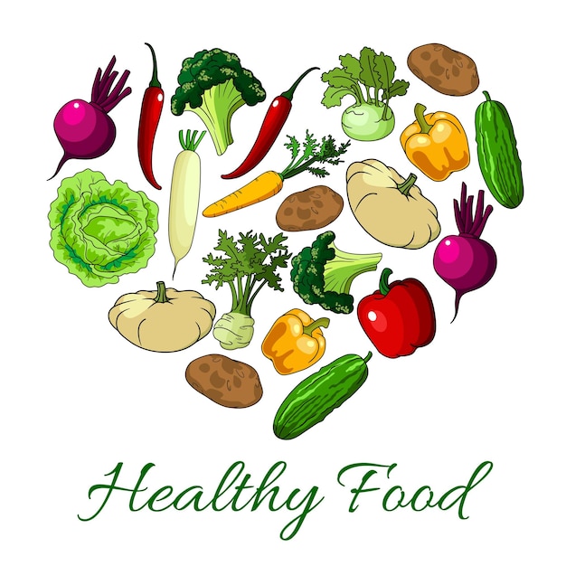 Vector healthy food heart poster of vector vegetables