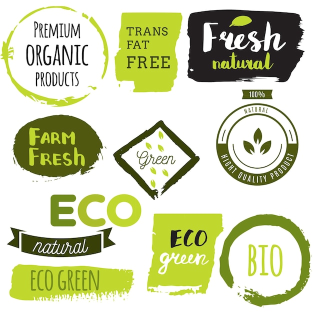 Vector healthy food icons labels organic tags natural product elements logo for vegetarian restaurant