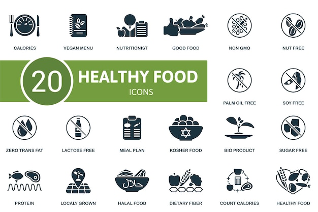 Vector healthy food icons set creative icons calories vegan menu