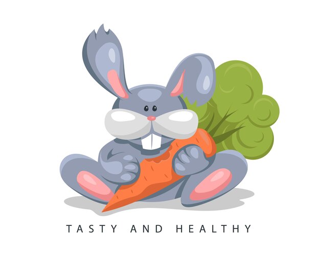 Healthy food illustration for vegan. Cartoon bunny with carrot vector cartoon symbol health diet.