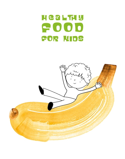 Cibo sano per bambini illustrazione vettoriale bambino divertente e felice con banana creata con pennello ad acquerello
