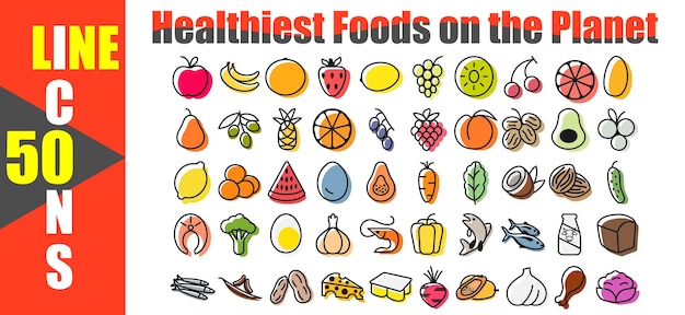 Healthy food line icons set on white background vector illustration