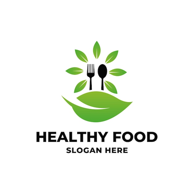 Healthy food logo design concept with leaf spoon and fork