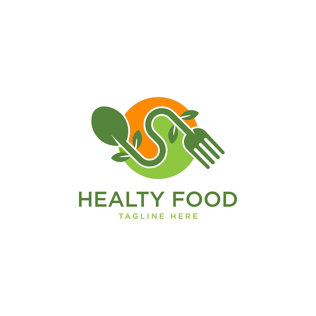 Healthy food logo template vector design with spoons forks and green leaves