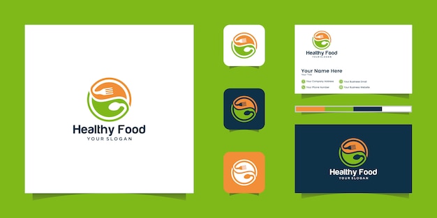 Logo di cibo sano con spazio negativo per cucchiai e forchette e biglietto da visita ispirato