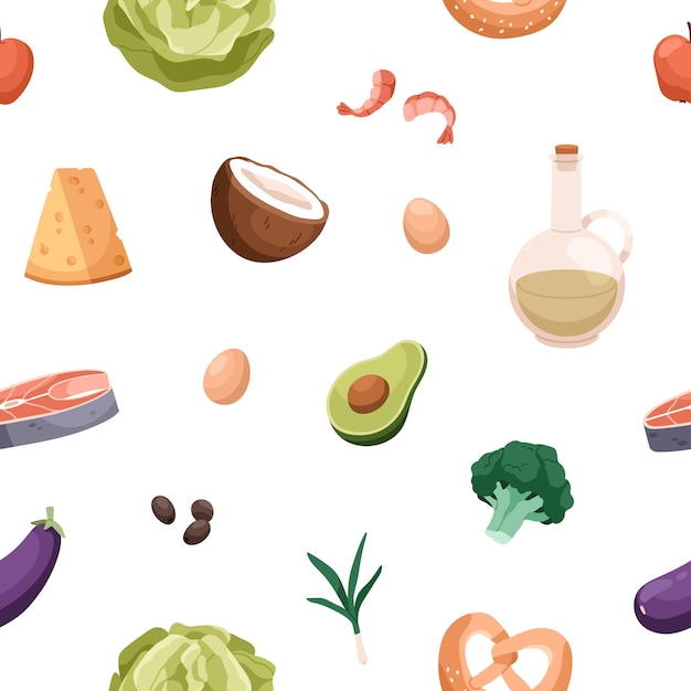 Healthy food pattern. Seamless background design with groceries, vitamin nutritions repeating print. Endless texture with oil, cheese, eggs, vegetables, avocado, olives. Flat vector illustration