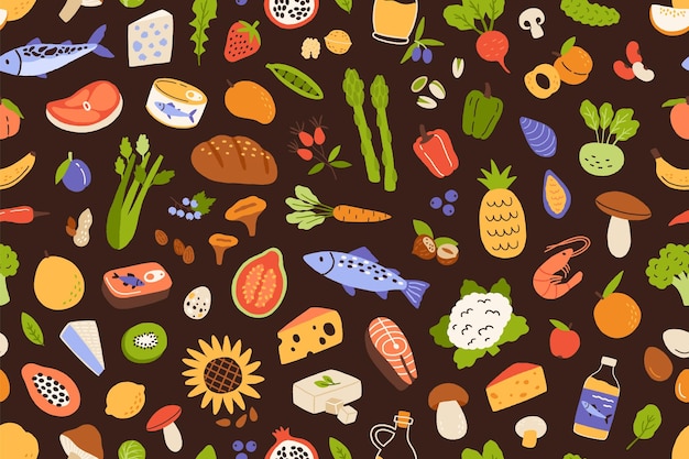 Modello alimentare sano. fondo senza cuciture con frutta e verdura vitaminica organica, carne fresca e pesce. trama di drogheria ripetuta senza fine. illustrazione vettoriale piatta colorata per la stampa e l'arredamento.