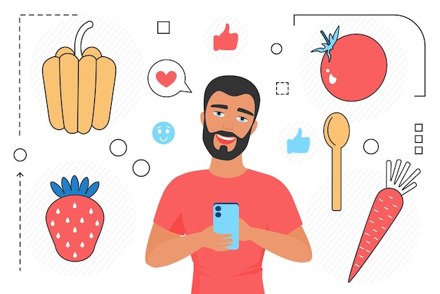 Vettore uomo sano dell'app del telefono dell'alimento che utilizza l'applicazione del telefono per cucinare il pasto vegetariano del dietista