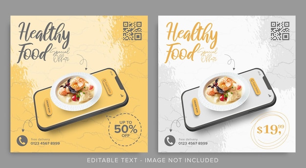 Vettore modello di banner per post instagram sui social media per la promozione di cibo sano