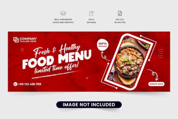 소셜 미디어 커버를 위한 건강 식품 홍보 템플릿 디자인 사진 자리 표시자가 있는 특별 음식 메뉴 할인 제공 벡터 빨간색 색상의 창의적인 요리 비즈니스 웹 배너 디자인
