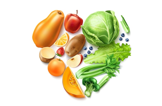 Healthy food, Realistic organic vegetables and fruits composition in heart shape