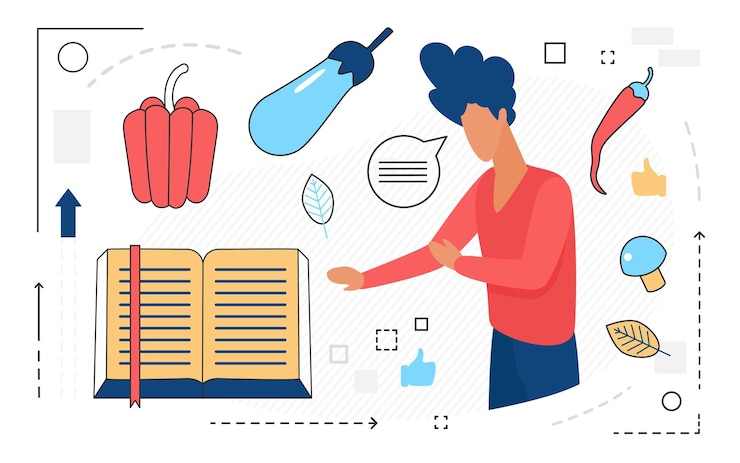 Vector healthy food recipe book man character with vegetables line icon isolated