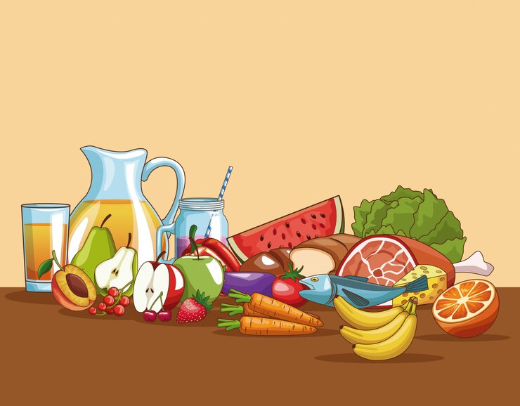 वेक्टर healthy food on table cartoons