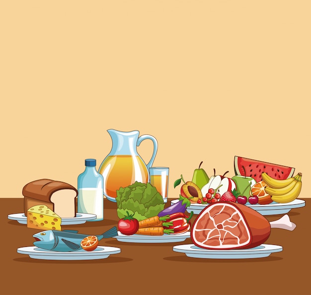 Vector healthy food on table cartoons