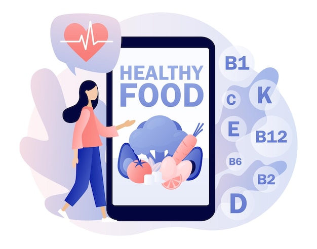 Testo di cibo sano sullo schermo dello smartphone una donna minuscola consuma una sana alimentazione biologica con vitamine