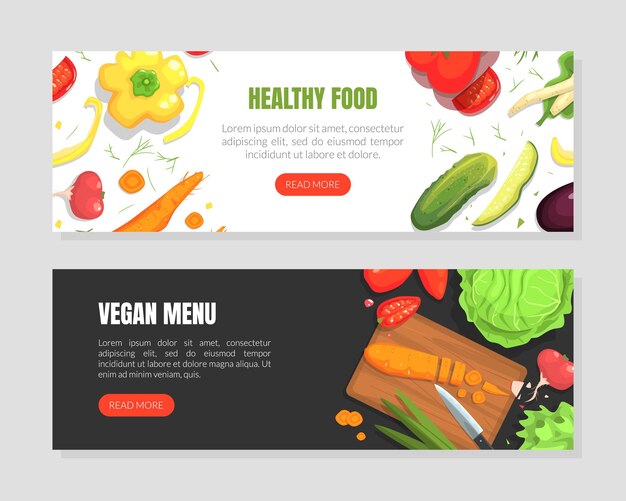 Vettore healthy food menu vegan landing page template set organic shop online food ordering website app homepage vector illustration (pagina di destinazione di menu vegano sano)