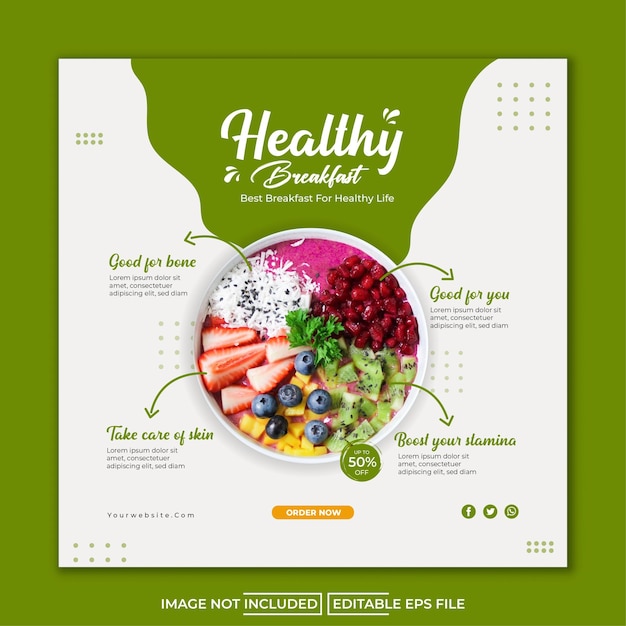 녹색 배경 소셜 미디어 게시물 템플릿이 있는 건강 식품