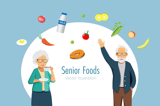 벡터 고령자에 대한 건강한 식품 고령 부부는 저칼로리 식품과 채소를 섭취합니다 건강한 노인 활기찬 노인 터