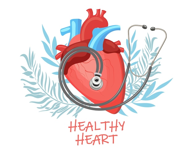 Vector healthy human heart with a stethoscope on the background of leaves and flowers