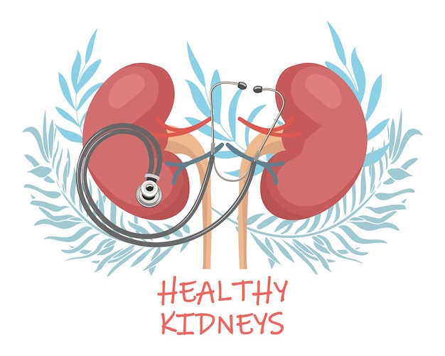 Healthy human kidneys with a stethoscope on the background of leaves and flowers Medicine concept