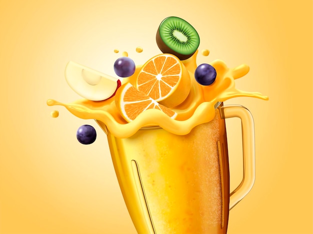 Vector healthy juice and sliced fruits in glass cup, 3d illustration