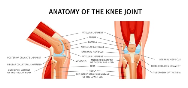 Vector healthy knee joint anatomy front and side view diagram realistic infographics with labelled parts vector illustration