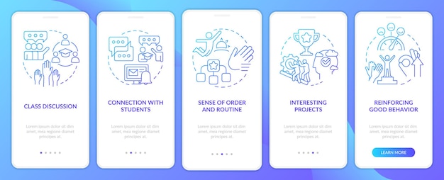 Schermo dell'app mobile onboarding con gradiente blu di ambiente di apprendimento sano